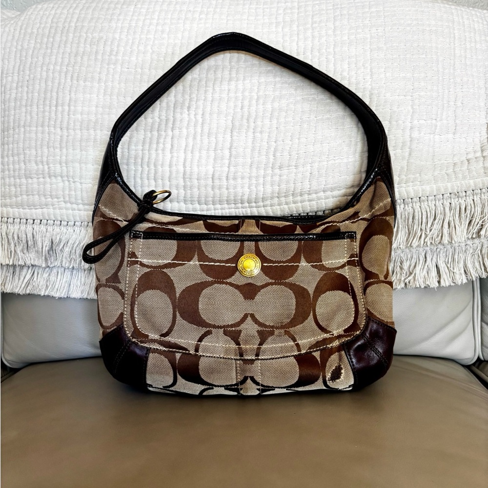 ❣️SOLD❣️Coach 11600 Ergo Brown Signature Jacquard Shoulder Bag Dark Leather Trim